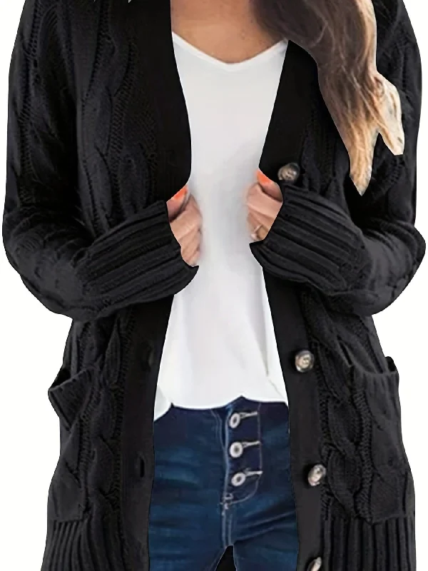 Black White Gray Cable Knit Cardigan Crew Neck V-Neck Turtle Neck