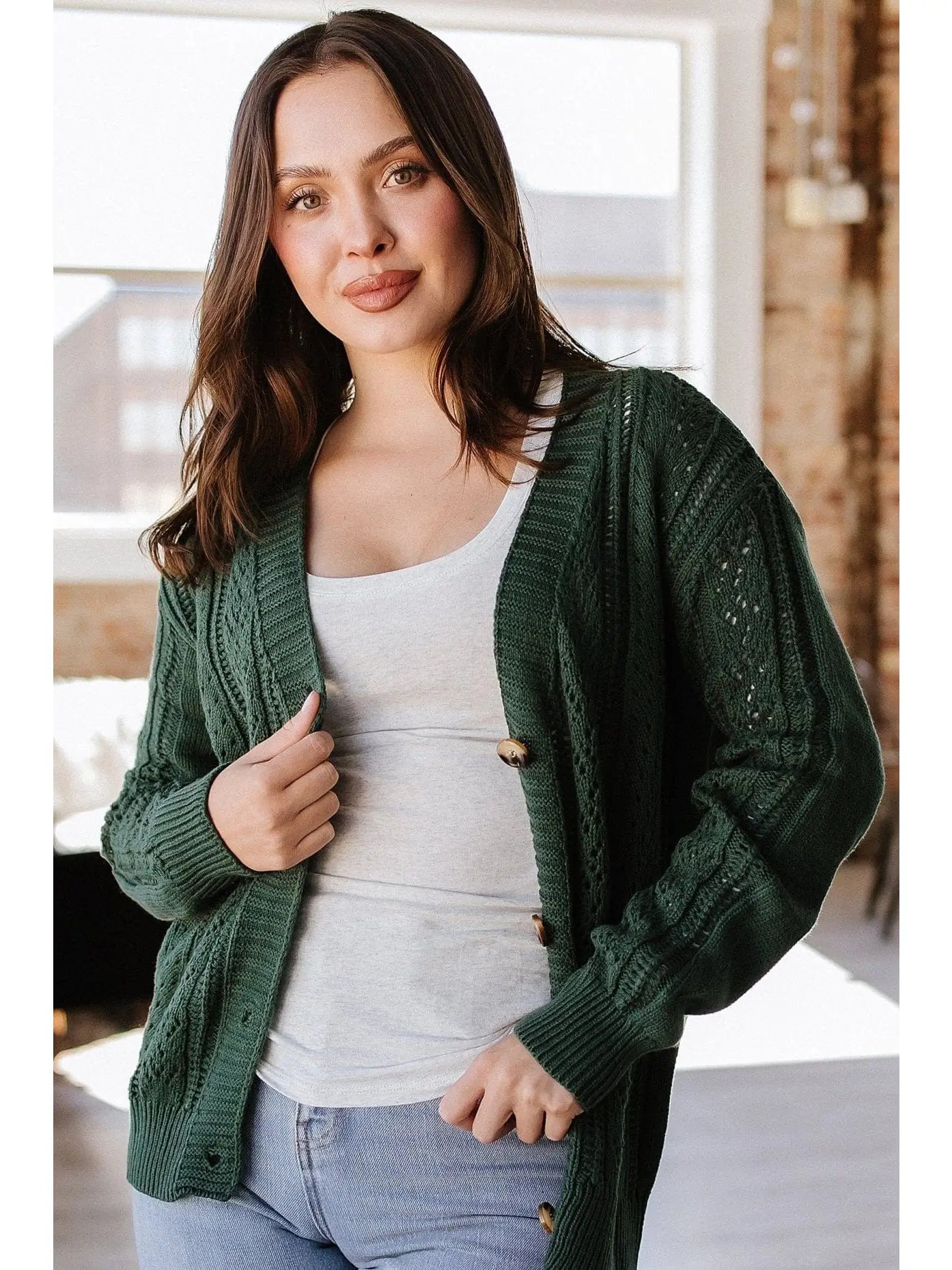 Green Hollow Knit Cardigan Zippered Buttoned Snapped