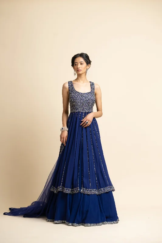 Midnight Blue Georgette Kalidar Jacket Lehenga Set Print Jacket Jacquard Jacket Patchwork Jacket