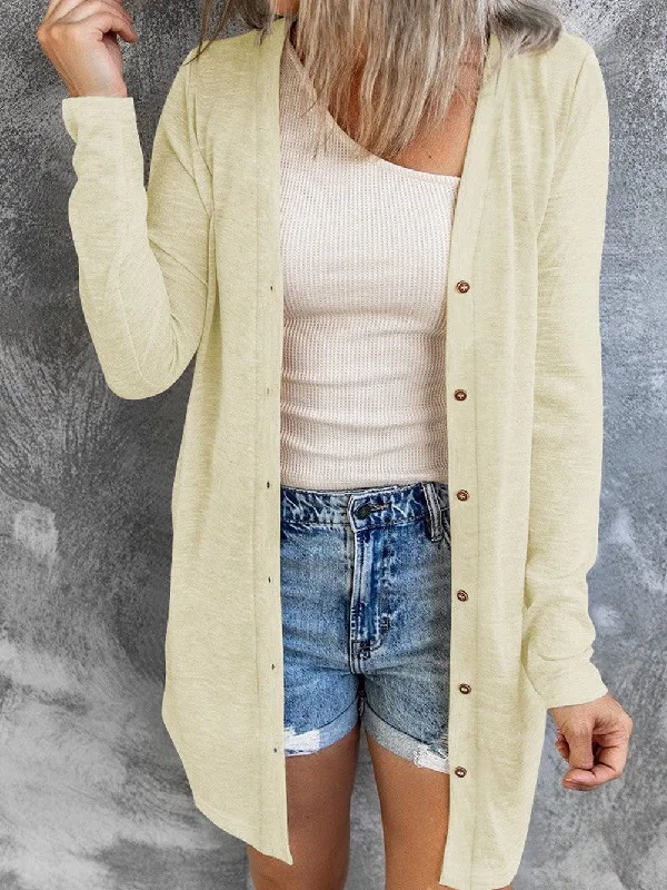 Beige V-Neck Button-Up Cardigan for Casual Layering Fleece Cardigan Nylon Polyester