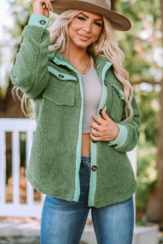 Contrast Button Down Fleece Jacket Zippered Front Buttoned Front Snap Front