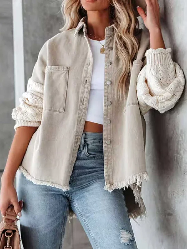 Cable Knit Sleeve Denim Jacket Button Up long sleeve Jean Jacket Front Pockets Side Pockets Patch Pockets