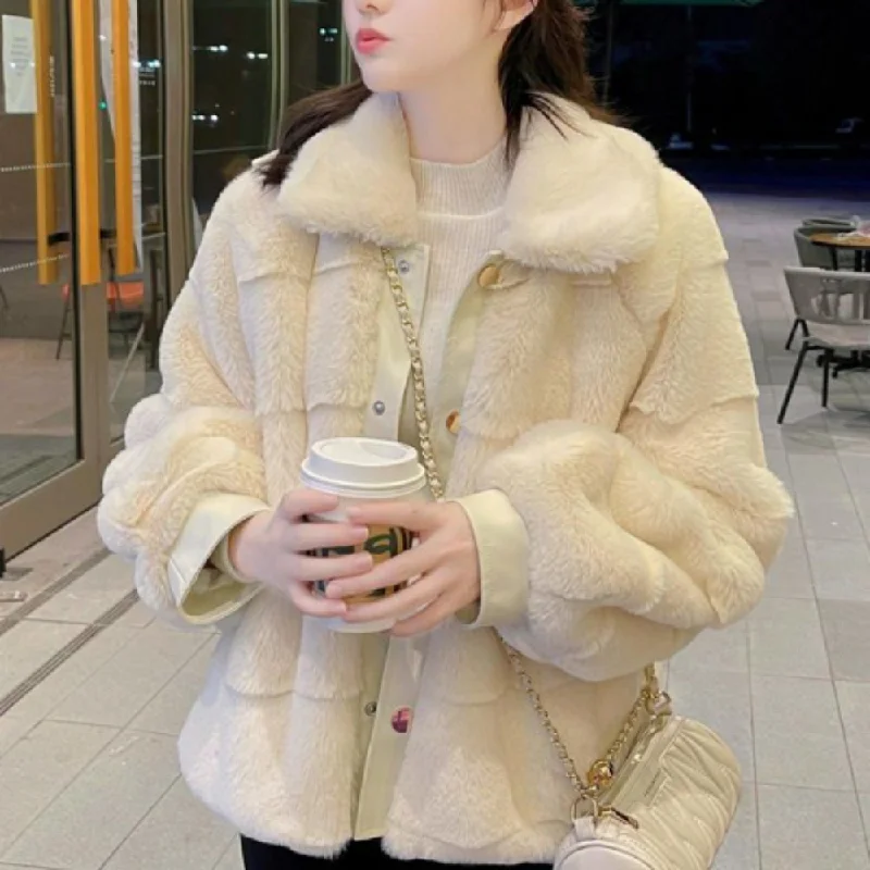 Womens Faux Fur Jacket With Vegan Leather Trimmed Cuffs Toggled Jacket Drawstring Jacket Belted Jacket