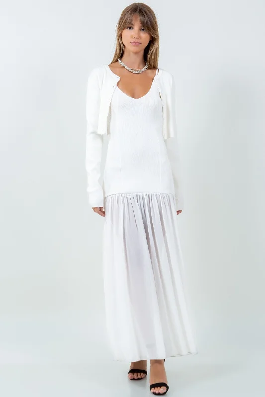 Detachable Cardigan with Chiffon Mix Knitted Dress Front Pockets Side Pockets Patch Pockets