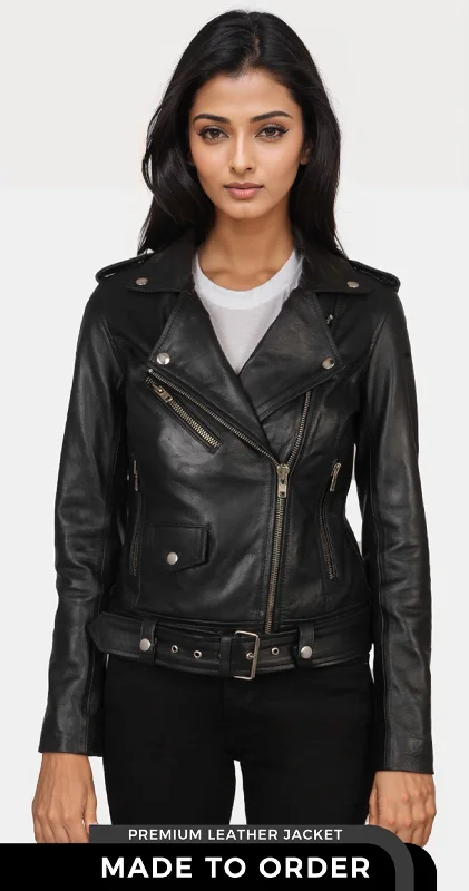 Alison Black Women's Biker Jacket Zip Front Button Front Snap Front