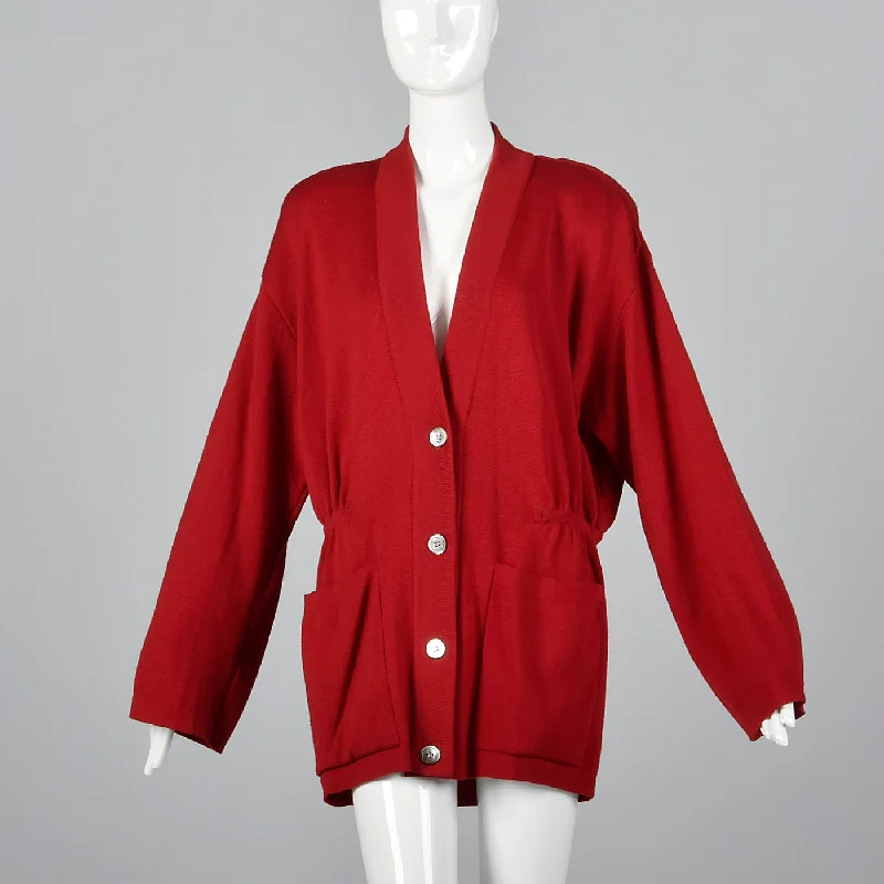 1980s Oversized Red Knit Cardigan Boat Neck Shawl Collar Notched Collar
