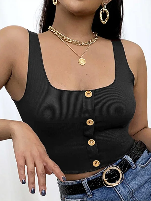 Ribbed Button Accent Sleeveless Tank Square Neck Crop Top Black Cami lace tank top