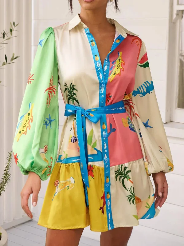 Graffiti Print Lace-Up Cardigan Loose Trendy Short Dress With Wide Hem Bright Pastel Dark