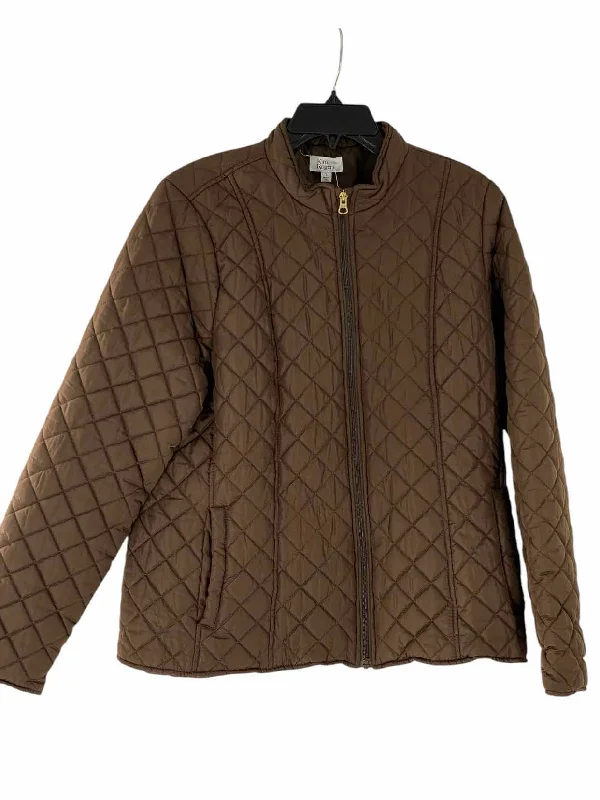 Kim Rogers Size L Brown Jacket (Outdoor) Notch Collar Peter Pan Collar Cowl Neck