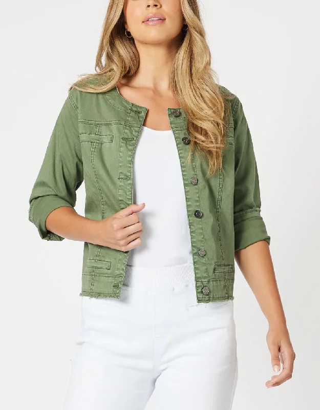 Collarless Denim Jacket - Khaki