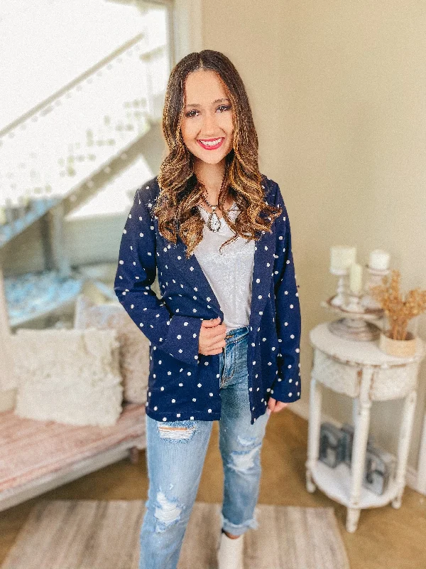 Out Of Office Polka Dot Open Front Blazer with Long Sleeves in Navy