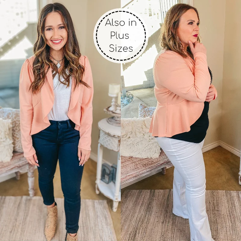 Coffee Please Open Front Long Sleeve Peplum Blazer in Peach Pink