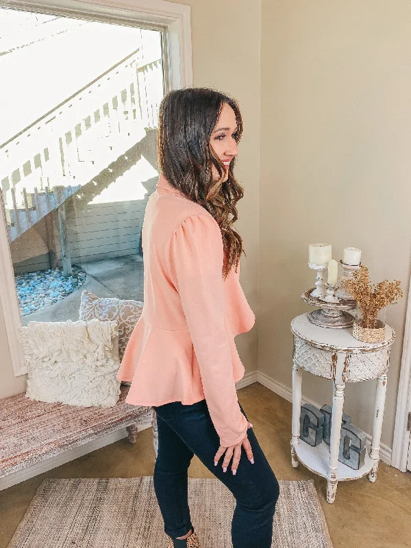 Coffee Please Open Front Long Sleeve Peplum Blazer in Peach Pink