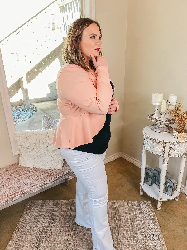 Coffee Please Open Front Long Sleeve Peplum Blazer in Peach Pink