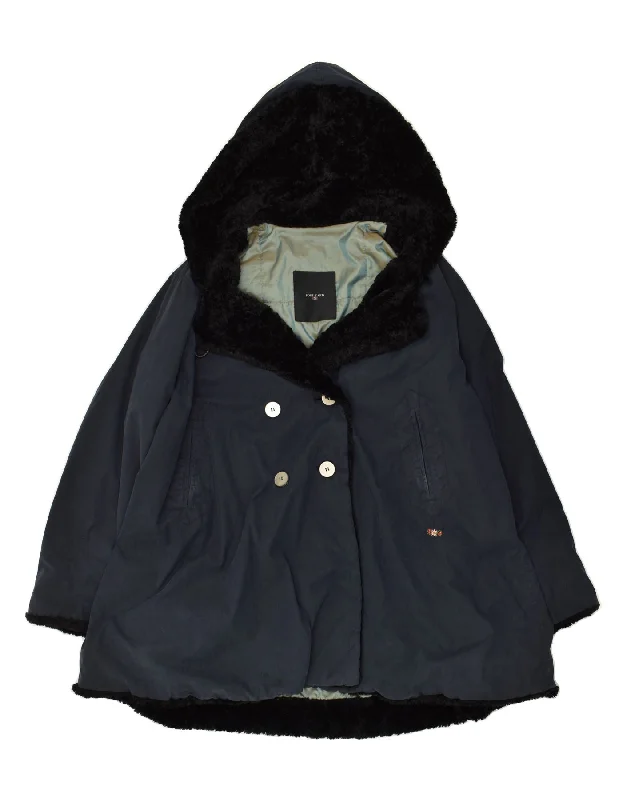 POST CARD Womens Hooded Double Breasted Coat IT 46 Large Navy Blue Cotton