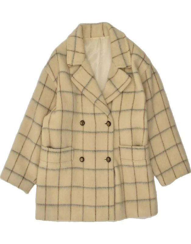 VINTAGE Womens Double Breasted Coat IT 44 Medium Beige Check Wool