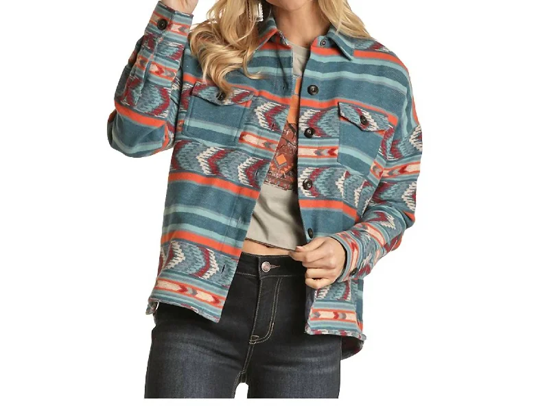 Women's Shacket Shirt Jacket In Blue Coral Burgundy Print