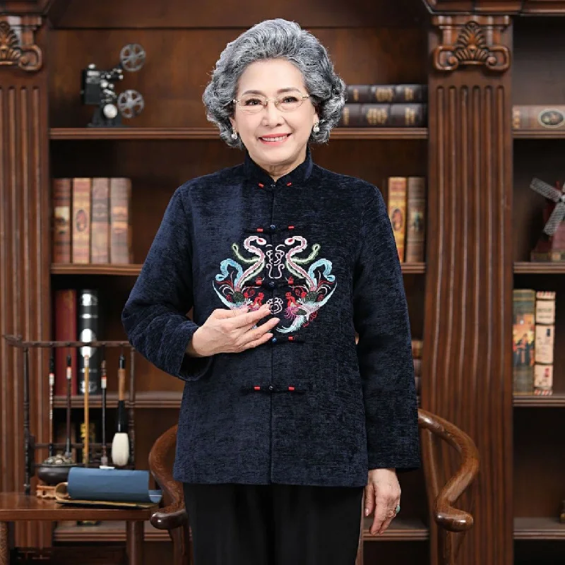 Mandarin Collar Phoenix Embroidery Corduroy Traditional Chinese Jacket Mother Coat