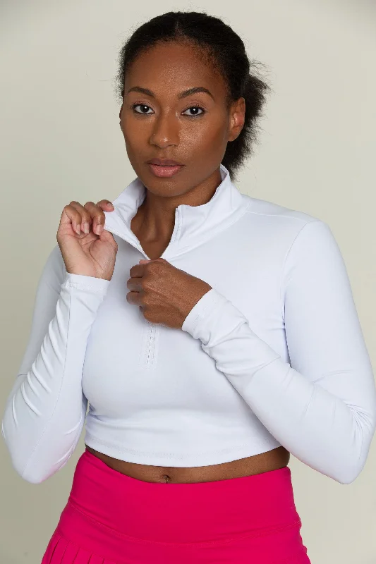 White Athletic Half-Zip Crop Top