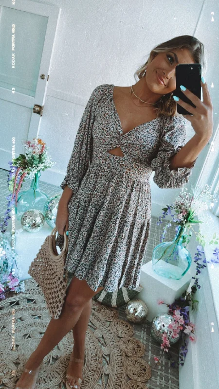 Floral Cut Out Dress, Grey/Brown