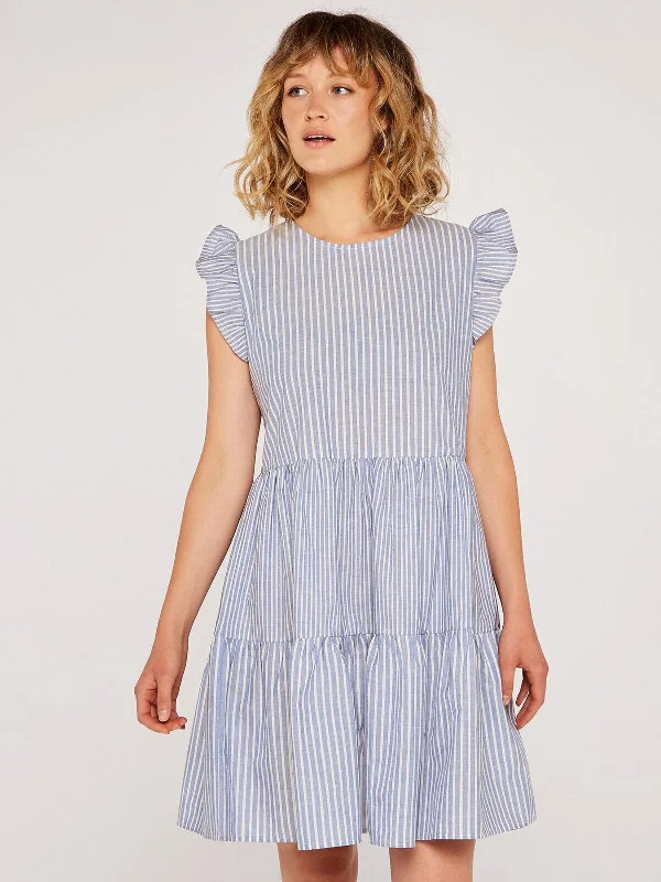 Apricot Mix Blue Stripe Lines Tiered Dress  UK 12 ****Ref V368