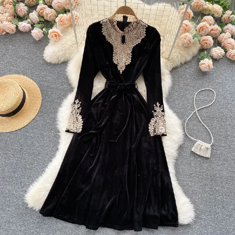 Black Velvet Lace Long Sleeve Dress Fashion Dress  10846