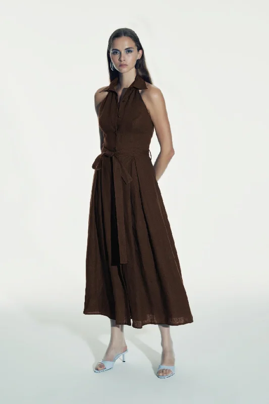 Carrie Linen Midi Dress in Burnt Siena