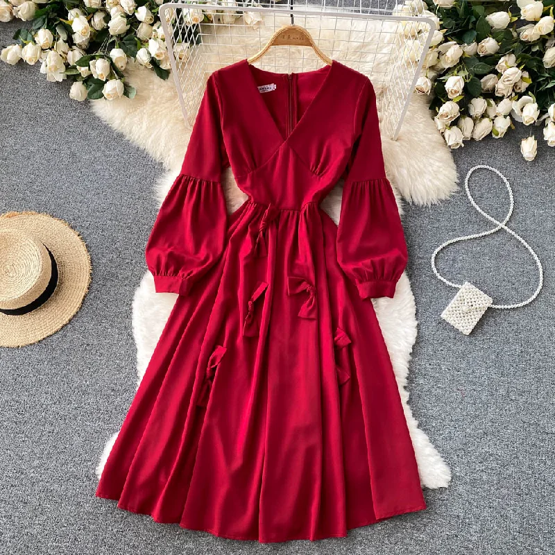 Cute V Neck Long Sleeve Dress A Line Fashion Dress  10850