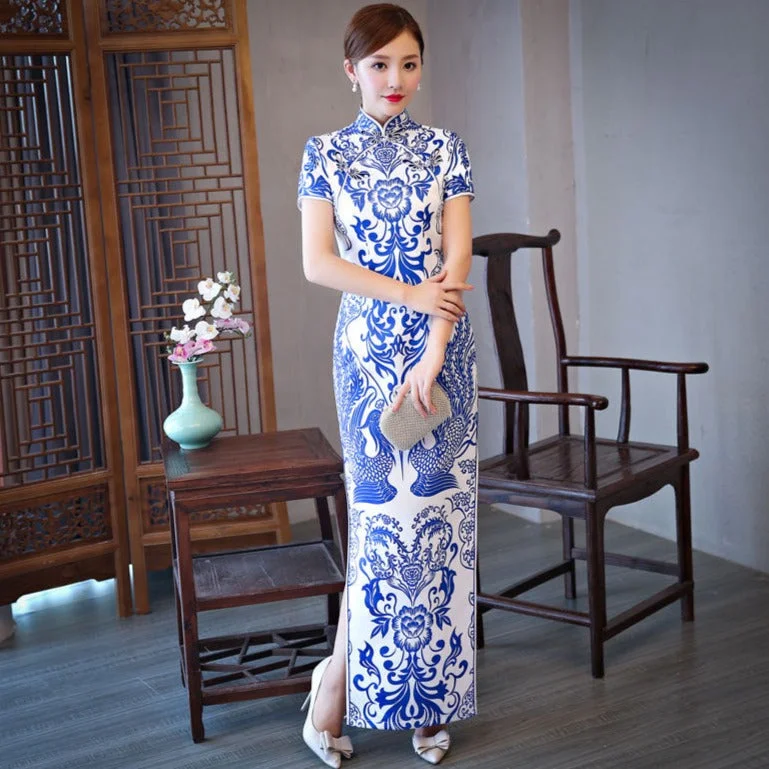 Elegant Blue and White Porcelain Long Cheongsam Modern Daily Plus Size Slimming Chinese Dress