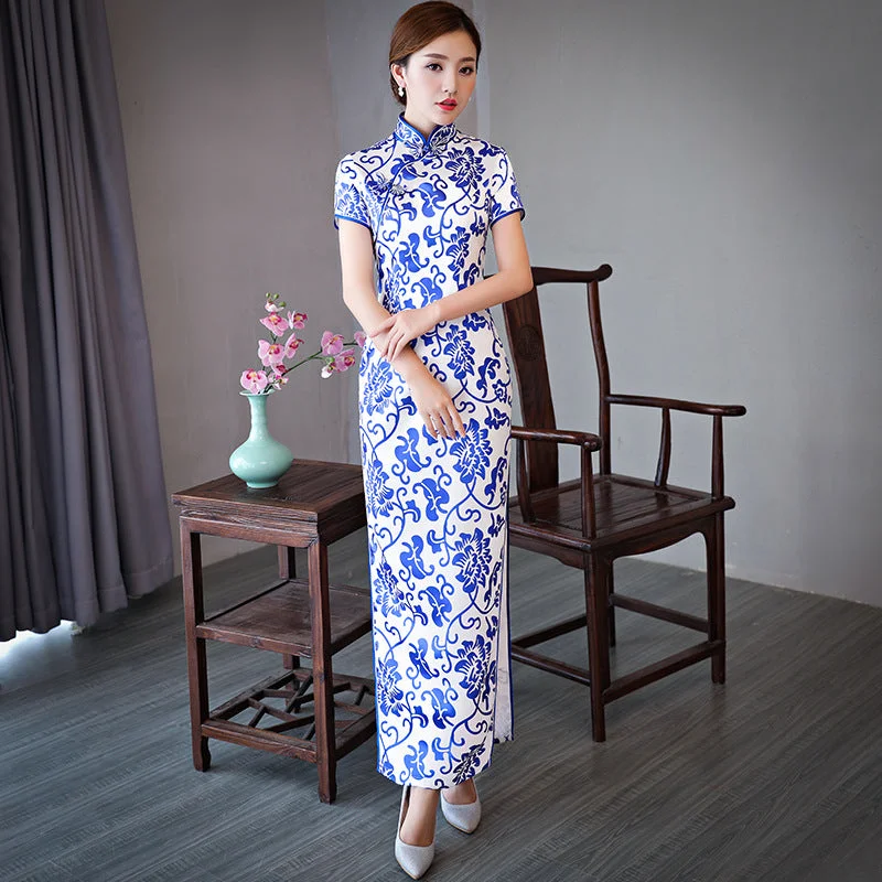 Elegant Blue and White Porcelain Long Cheongsam Modern Daily Plus Size Slimming Chinese Dress