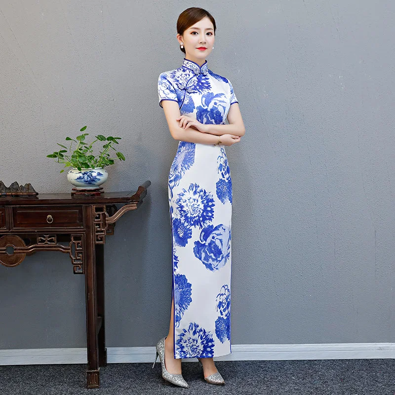 Elegant Blue and White Porcelain Long Cheongsam Modern Daily Plus Size Slimming Chinese Dress