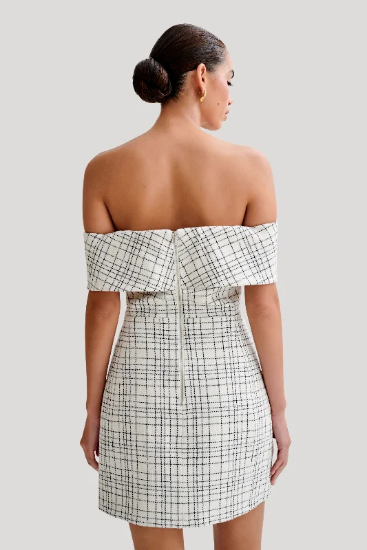 Helena Tweed Off Shoulder Mini Dress - White Check