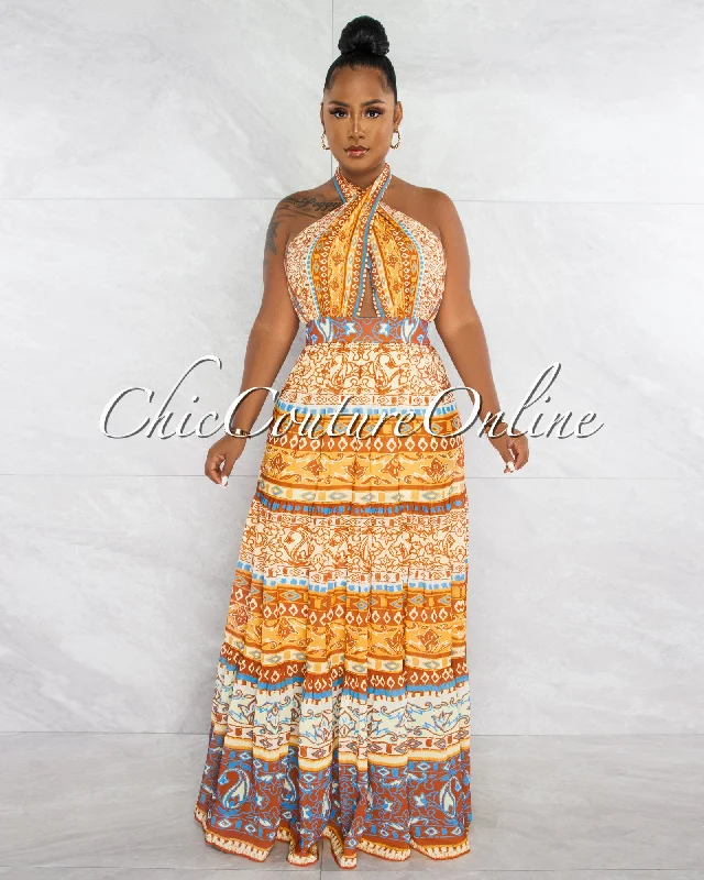 Janelle Mustard Print Halter Back Tie Maxi Dress