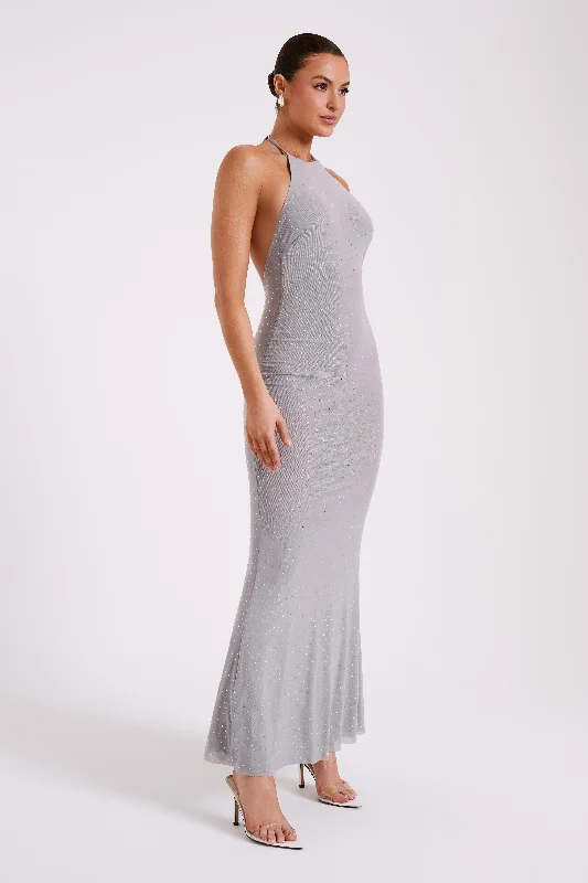 Kali Hot Fix Mesh Halter Maxi Dress - Gunmetal