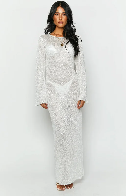 Kendrick White Sequin Knit Long Sleeve Maxi Dress