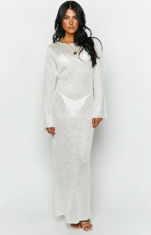 Kendrick White Sequin Knit Long Sleeve Maxi Dress