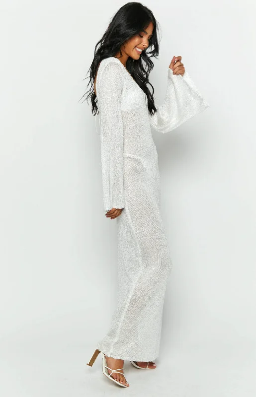 Kendrick White Sequin Knit Long Sleeve Maxi Dress