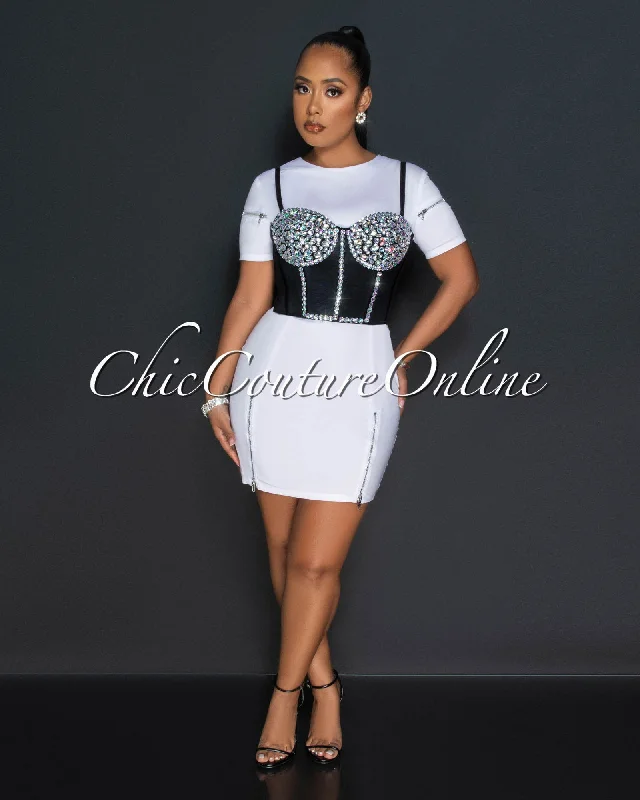 Klein Off-White Dress & Black Rhinestones Bustier Set