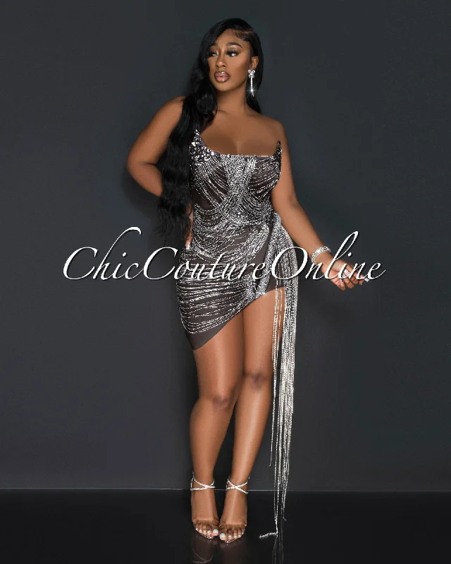 Lauren Black Mesh Sheer Silver Rhinestones Mini Dress