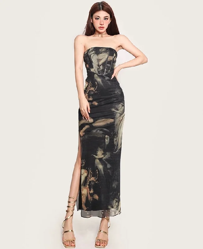 Lexis Graphic Image Print Corset Side Slit Sleeveless Long Slim Dress