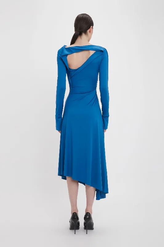 Long Sleeve Draped Jersey Midi Dress In Ocean Blue