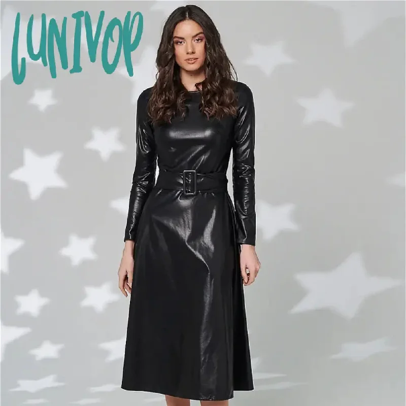 Lunivop Fashion Belt Faux Leather Dresses Women Long Sleeve Slim Fit PU Dress Sexy Club Wear New Arrival  Autumn Winter