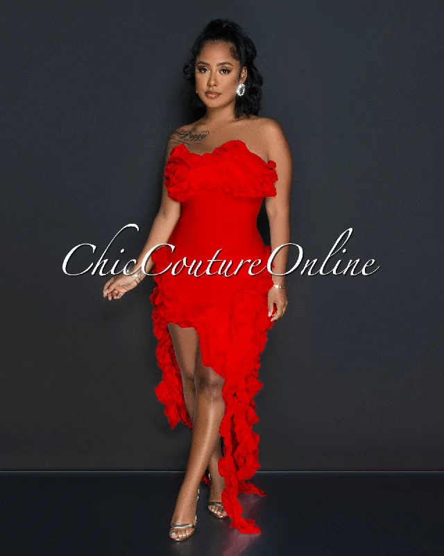 Marta Red Origami Ruffle Accent Bandage Dress