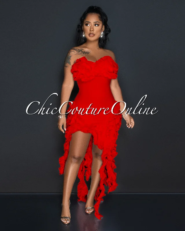 Marta Red Origami Ruffle Accent Bandage Dress