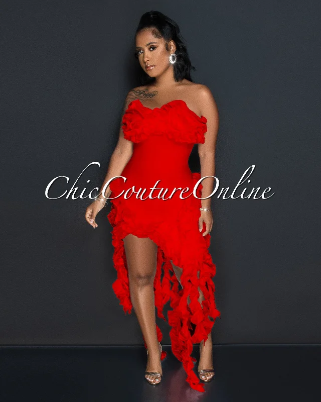 Marta Red Origami Ruffle Accent Bandage Dress