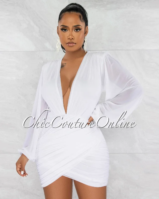 Stephen White Deep-V Mesh Ruched Dress