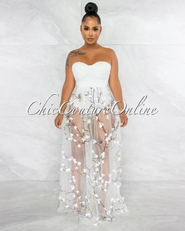 Teleria White Embroidery Tulle Bodysuit Maxi Dress