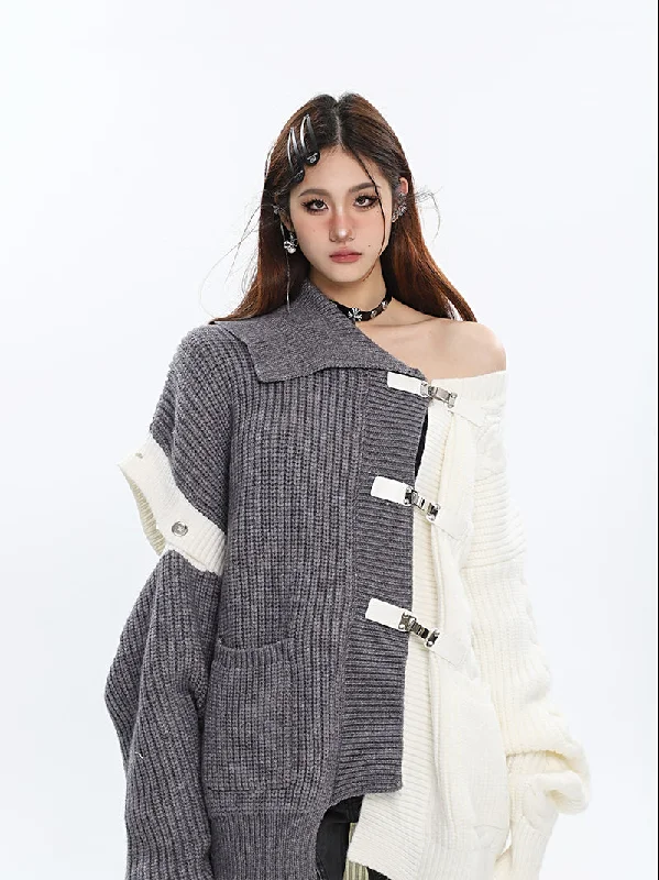 Cruella Patchwork Multi Buckle Straps Contrast Color Long Sleeve Lapel Sweater