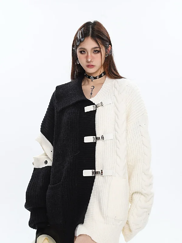 Cruella Patchwork Multi Buckle Straps Contrast Color Long Sleeve Lapel Sweater