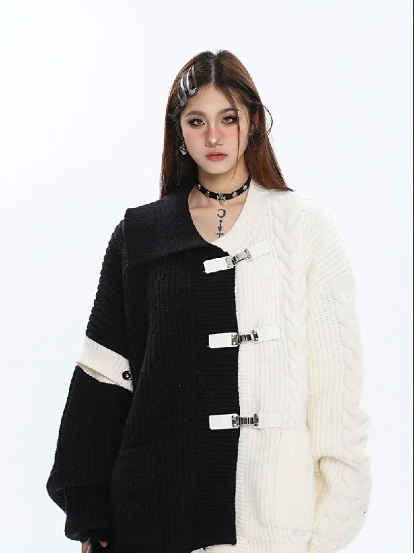 Cruella Patchwork Multi Buckle Straps Contrast Color Long Sleeve Lapel Sweater